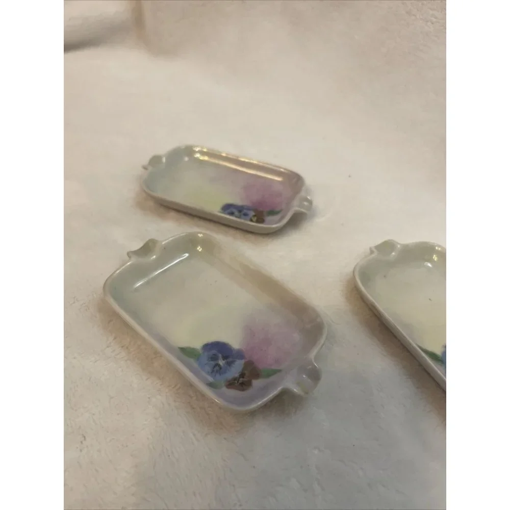Vintage Hand Painted Pansy Porcelain Ashtrays Set of 3 Lusterware Floral